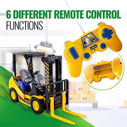 WolVol 6-Channel Electric Remote Control Forklift - Functional RC Lighted Fork Lift Toy w/ Pallet, Barrel, Rechargeable Batteries & Charger - Pretend Construction Playset for Kids