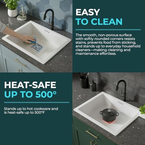 Image of BASINQU Quartz Sink for Kitchen | 21x18x9 Inches Quartz Kitchen Sink White | Granite Sink For Kitchen Basin UV Protected, Granite Scratch Resistant, Undermount /Topmount Sinks