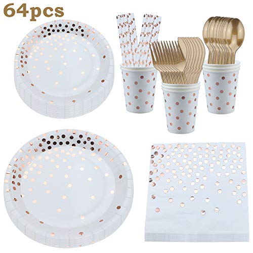 aovowog Partygeschirr Set Pappteller Pappbecher Rosé Gold Folie Servietten Plastikbesteck für Party Deco Hochzeiten Jubiläum Geburtstag (8 Gäste)