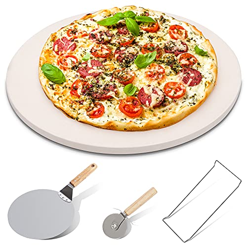 pentaQ 4 Pieces Pizza Stone Set, 15" Pizza Stone for Grill and Oven with 10 Inch Stainless Steel Pizza Peel, Serving Rack and Pizza Cutter for Free, Cordierite Round Baking Stone