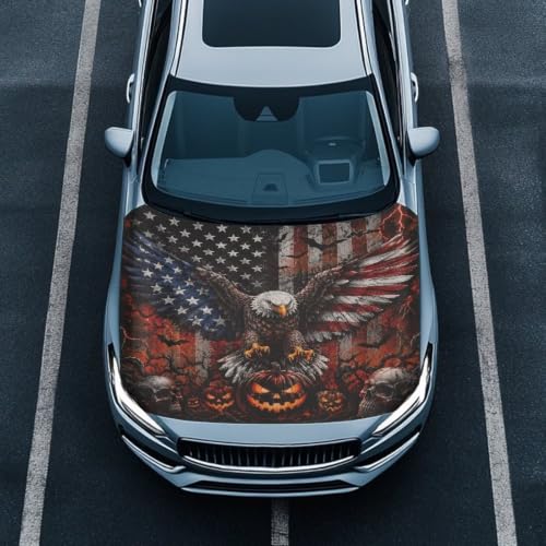 Image of Halloween American Flag and Eagle Design Car Hood Cover Elastic Polyester Car Hood Protector Auto Patriotic Decorations Waterproof Sunproof Automotive Exterior Accessories