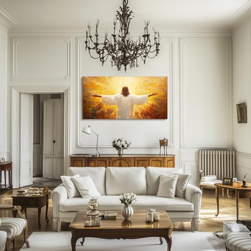 SERIMINO Jesus with Open Arms Wall Art, Christian Art Wall Decor for Serenity Prayer, Risen Lord in Radiant Glory Extra Large Paintings, Christ Grace Pictures for Living Room Church Prints 30"X60"