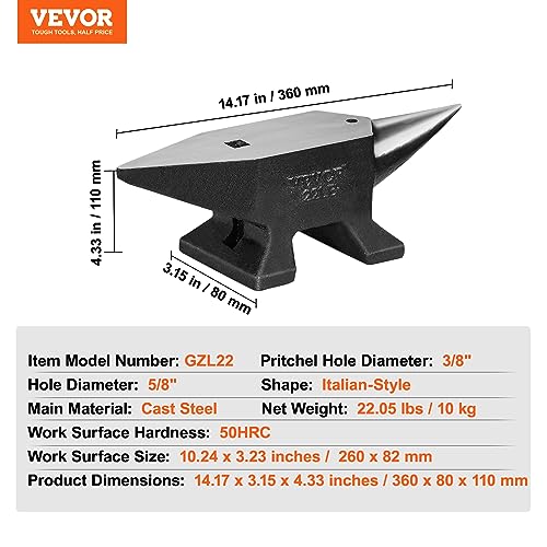 Vevor ANVIL 22LBS ZG Single Horn Anvil, 22Lbs Cast Steel Anvil, High Hardness Rugged Round Horn Anvil Blacksmith, Large Countertop And Stable Base, With Round And Square Hole, Metalsmith Tool thumb #6