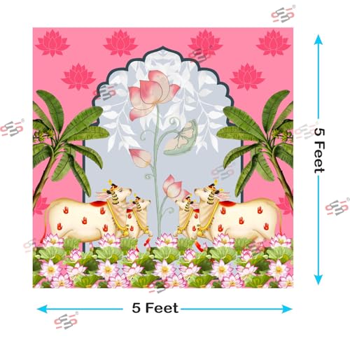 Image of S2S Traditional Backdrop Decoration Cloth | Pink Lotus 4 Cows Backdrop | Gomatha | for Pooja Decoration - 5 Feet Height & 5 Feet Width