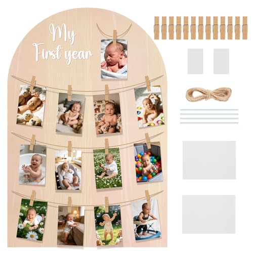 APUDWN Baby First Birthday Photo Board Corrugated Plastic My First Year Milestone Picture Frame Holds 13 4x6 Photos 19.1 x 28.7 Inches Baby Growth Timeline Photo Display with Clips & String