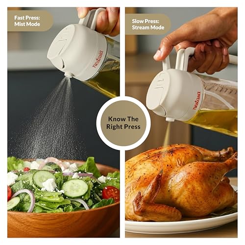 Image of Nestasia 2 in 1 Oil Sprayer & Dispenser Glass Bottle for Kitchen (470ml) - Vinegar & Olive Oil Bottle with Measuring Spoon for Healthy Cooking, Salad Dressing, Air Fryer, BBQ & Grilling (Beige)