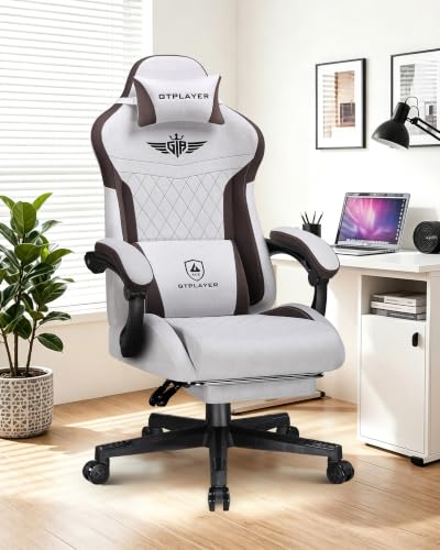Image of GTPLAYER Gaming Chair with Footrest, Big and Tall Game Chair High Back Computer Office Chair with Lumbar Support for Adults, Ergonomic Swivel Games Chair with Cushion Gaming, Fabric Brown
