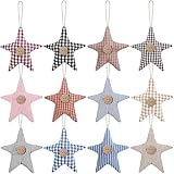 Syhood 24 Pcs Primitive Christmas Stars Ornaments Rustic Plaid Cotton Fabric Star Paired with Wood Button Farmhouse Christmas Tree Hanging Ornaments Fabric Star for Xmas Tree Hanging Decor