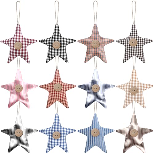 Syhood 24 Pcs Primitive Christmas Stars Ornaments Rustic Plaid Cotton Fabric Star Paired with Wood Button Farmhouse Christmas Tree Hanging Ornaments Fabric Star for Xmas Tree Hanging Decor