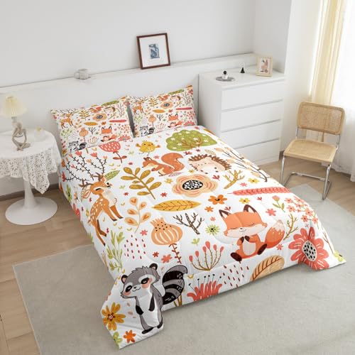 Image of Feelyou Kawaii Animals Comforter Twin Size Bedding Set for Kids Children Cute Fox Woodland Raccoon Wildlife Print Bedding Set Flower Leaves Quilt Duvet Set Colorful Toddler Bedroom Decor