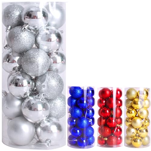 Silver Christmas Baubles 24pcs Shatterproof Plastic Balls - Xmas Tree Ornaments for Festival & Wedding Decor (4cm)