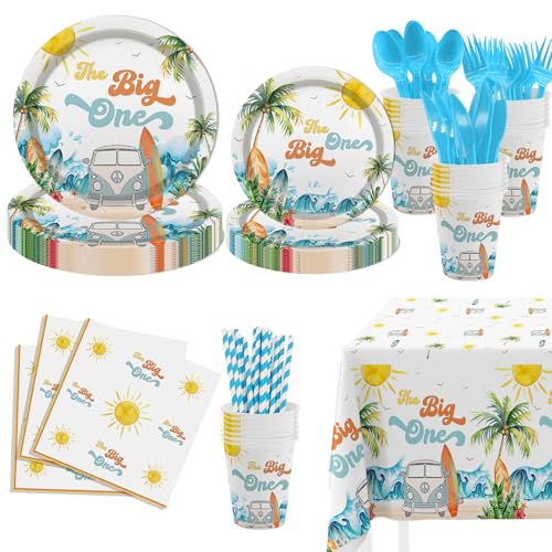 MEHOFOND 193Pcs The Big One First Birthday Decorations, Surf 1st Birthday Party Decorations Supplies, Plate, Cup, Napkin, Tablecloth, Summer Beach Surf 1st Tableware for 24 Guests