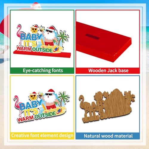 Image of 4pcs Summer Christmas Decorations Wood Table Centerpieces Baby It's Warm Outside Merry Christmas Party Table Decorations Mele Kalikimaka Santa Claus Style Tabletopper