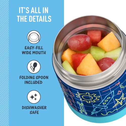 Image of THERMOS FUNTAINER Kids Food Jar with Spoon, 10oz, Robot Doodles | Kid-Friendly Stainless Steel Insulated Food Container, Keeps Food Hot or Cold Longer for School & Play, BPA Free