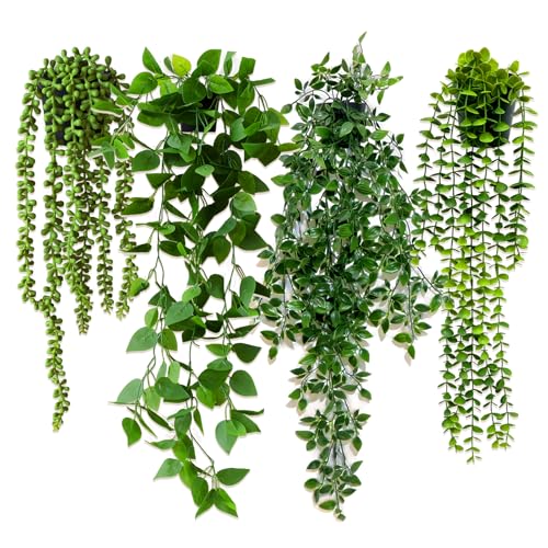 luluaday Artificial Hanging Plants 4 Pack Fake Plants with Black Pots Fake Ivy Faux Plant for Home Room Wall Shelf Bathroom Office Indoor Outdoor Decor