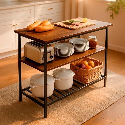 UTILIA Isla de Cocina con 3 Estantes - Encimera Grande de 120 cm, Mesa para Cocina Multiusos, Barra Desayunador con Repisas, Estructura de Acero Estable, Marrón Rústico