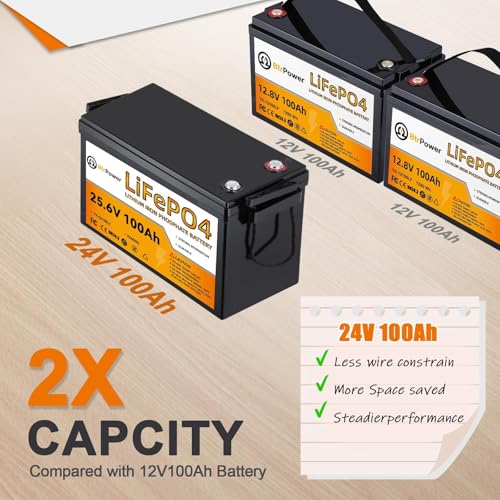 Image of 2 Pack 24V 100Ah LiFePO4 Battery, Built-in 100A BMS,2560Wh Lithium Battery,4000-15000 Deep Cycles & 10-Year Lifetime, Perfect for Marine, RV, Marine, Trolling Motor, Solar Off-Grid System