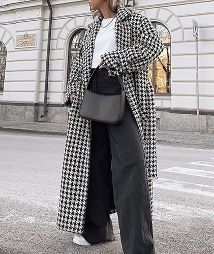 SOMTHRON Women's Houndstooth Trench Coat Double Breasted Notch Lapel Jacket Pea Coat Winter Long Overcoat with Belt4