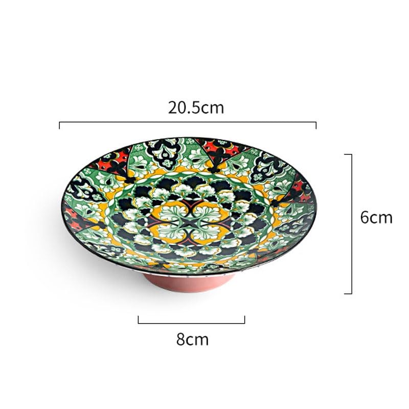 talerz na owoce, Retro podszkliwnie malowany ceramiczny talerz z wysokimi nogami i przekąskami, suszonymi owocami, herbatą wypiekami(Style5)