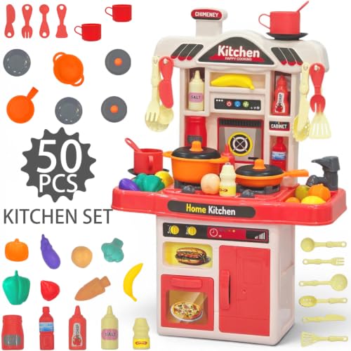 Image of Cable World Kids Kitchen Play Set for Kids| 50 Pieces Pretend Play Cooking Set with Utensils, Pots, Pans, Fruits & Vegetables | Mini Kitchen Toy with Storage Cabinet | Educational Role Play Toy