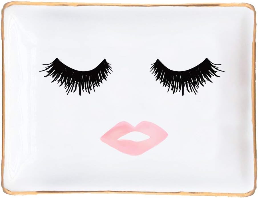 Eyelashes and Lips Face Ceramic Jewelry Dish | Gift For Her Pink and Gold Office Decor Lashes Makeup Cosmetic Bridesmaid Organizer Trinket Tray Small Eyelash Desk Accessories Hand Drawn