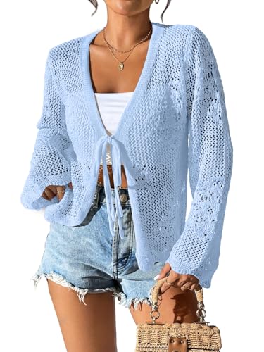 Image of Womens Tie Front Lightweight Crochet Cardigan Shrugs Knit Cardigan Crop Tops Cover Up
