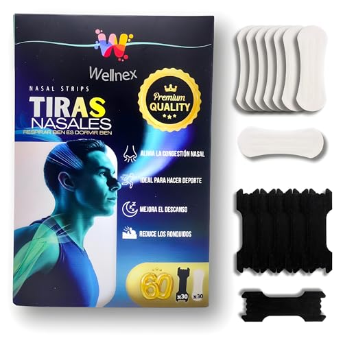 Wellnex Tiras Nasales Deportivas Premium (Pack 60) | Nasal Strips Extra Fuertes Resistentes al Sudor | Tiritas Nariz Antironquidos para Dormir y Congestión | Negras y Blancas