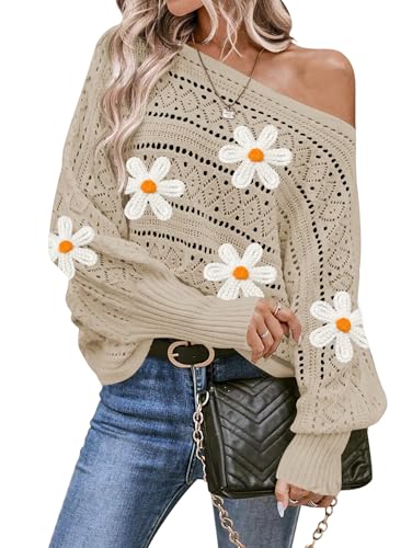 Image of Cakulo Womens Off Shoulder Sweater Top Fall Outfits 2025 Oversized Knit Batwing Long Sleeve Crochet Sweaters Flower Khaki M
