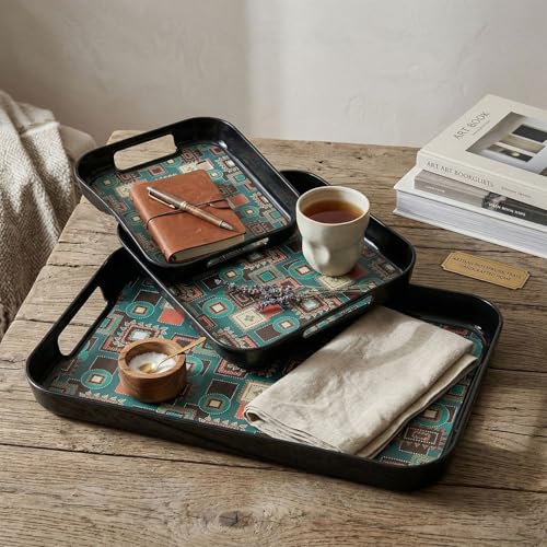 Image of Double Laminated Printed Serving Tray (Black Small, Medium, Large) -Set of 3 Pieces(Melamine, Rectangular)