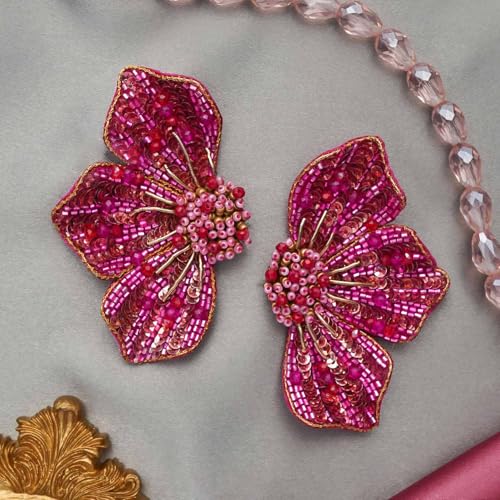 Image of SANJOYA by EVERSTYLISH Embroidered Stud Earrings for Women | Floral Sequin & Beaded Statement Earrings | Ethnic Jewelry for Weddings & Festive Occasions