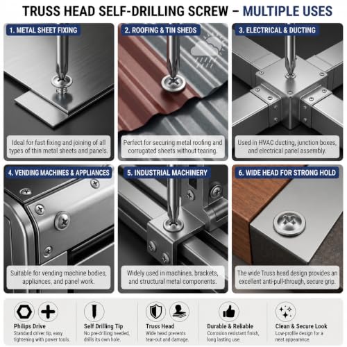 Image of Rely⇒VP INDUSTRIES (Pcs-50) No.8x50 mm Truss Phillips Self-Drilling Screw - White Zinc Coated Carbon Steel, Ideal for Metal, Wood, Plywood, Cabinets, Furniture & DIY Projects