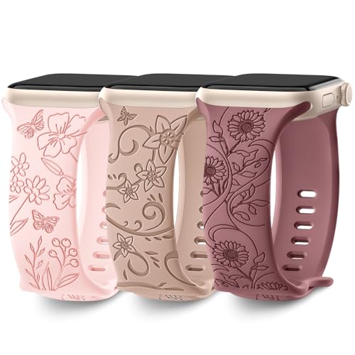Ya en manzanajugosa.com: AMSKY 3 Piezas Grabado Floral Compatible con Correa Apple Watch 40mm 44mm 42mm 46mm 41mm 45mm 38mm 49mm Mujer, Correa de Silicona Compatible con iWatch Series 11 10 9 8 7 6 5 4, SE 3 2 1
