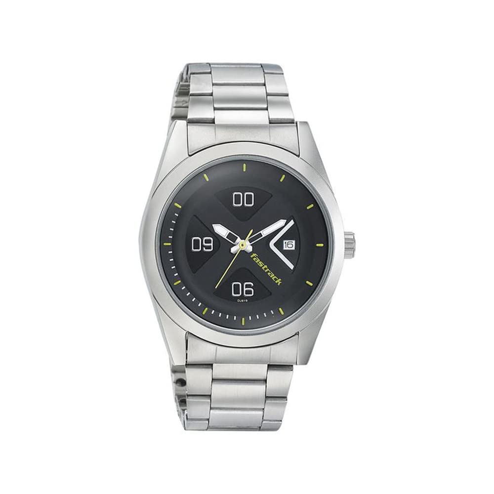Fastrack Go Skate Quartz Analog with Date Black Dial Silver Stainless Steel Strap Watch for Guys - NS3218SM02
