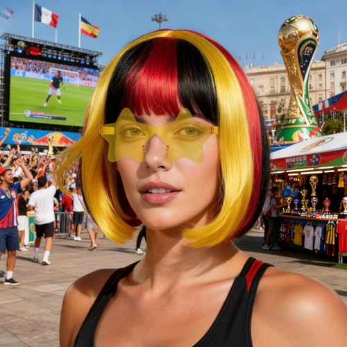Image of ANOGOL Hair Cap + (Sunglasses) Black Red Blonde Bob Wig with Bangs Womens Black Party Wigs with Sunglasses Short Neon Wig Fun Wigs Halloween Costume Bachelorette Hair Sports Event St Patrick Day