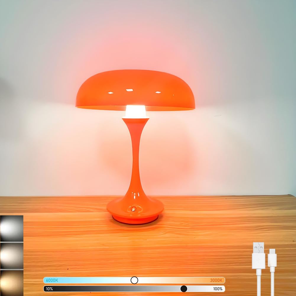 Lampe Champignon Orange, Lampe de Table LED Rechargeable, sans Fil, Tactile, intensité Variable, Batterie 2000 mAh, Lampe de Bureau, Lampe de Chevet USB Rechargeable, 3000 K-6000 K, Orange