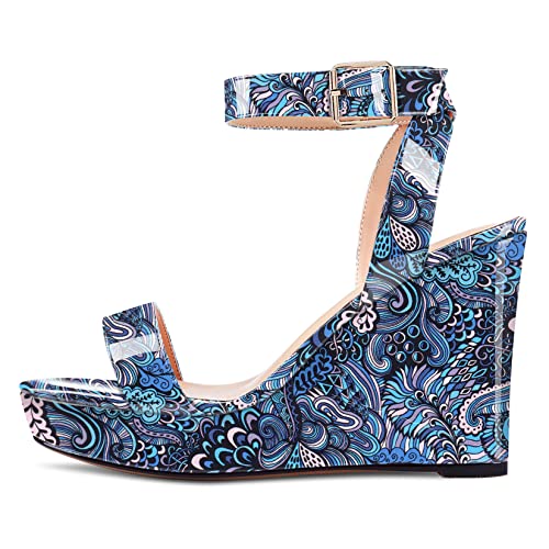Image of Aachcol Women Platform Wedge Sandals Round Peep Open Toe Ankle Strap Slingback Two-Piece Chunky Block High Heel Dress Shoes Pumps Party Patent 4 Inch
