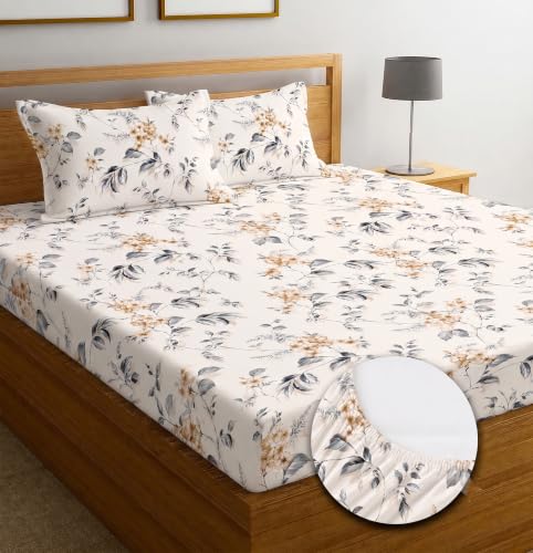 Image of IVAZA Ezyption Cotton Super Soft 240 TC Elastic Fitted All Around Elastic Printed King Size Double Bed Bedsheet with 2 Pillow Cover 72 inch X 78 inch3 Champagne Peach
