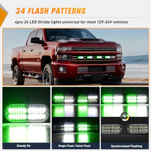 Image of Nilight 4PCS 24LED Green White Strobe Light 12V /24V Grille Surface Mount | Hazard Safety Warning Light with Sync Feature for Car Truck Camper Side Marker Aluminum Alloy Base Emergency Lights