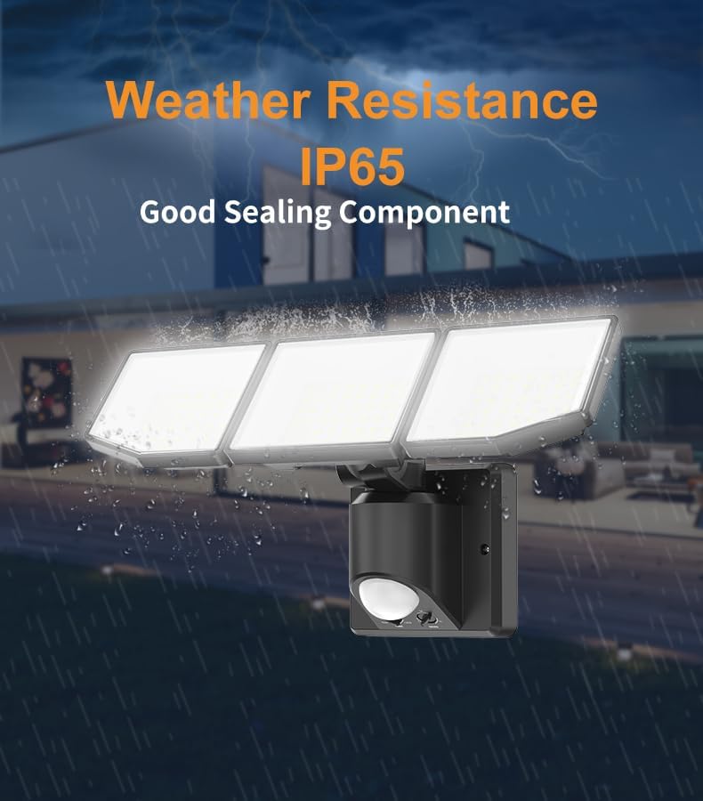 Miniatura 7 de Luces LED de seguridad con sensor de movimiento para exteriores, 38W 8000LM detectadas, luces de inundación IP65, 6500K, 3 cabezales ajustables para