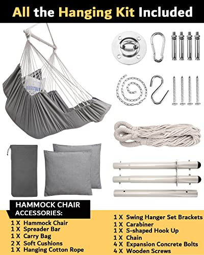 Advokair Hanging Hammock Chair Large Swing Chair With Foot Rest And Hardware,Max 500Lbs,Steel Spread Bar With Anti Slips, 2 Cushions And Side Pocket ,Indoor/Outdoor Use Grey #TOP5
