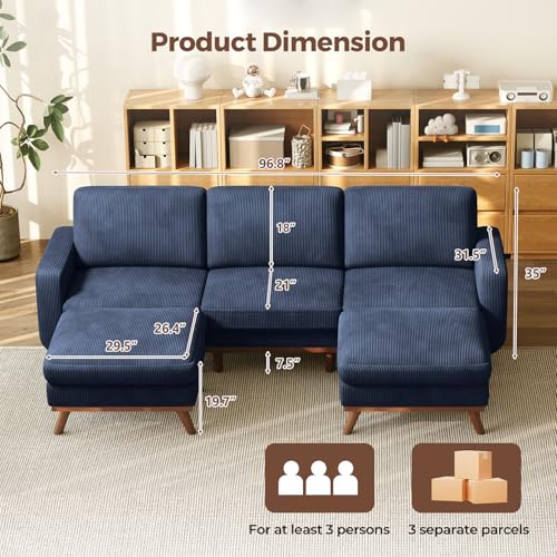 Image of Vesgantti 97 inch Modular Sectional Sofa Dark Blue, U-Shaped Couch with Movable Ottoman, Comfy Corduroy Couch with Spring Cushion, Modular Sofa with Deep Seat for Living Room, Bedroom and Apartment