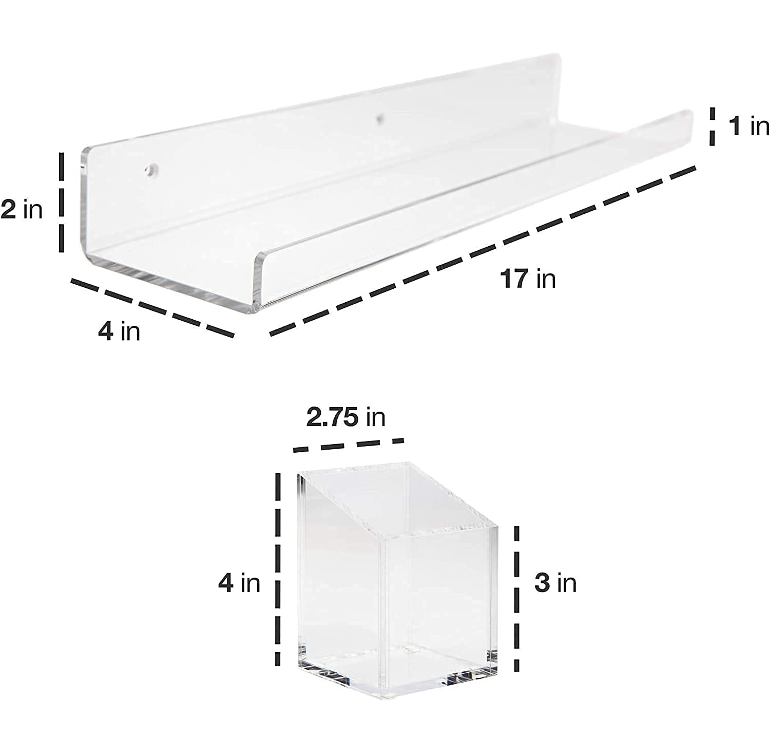 Elegant Creations 5mm Thick 2X Clear Plastic Floating Shelves for Wall 17in.Shelves and Acrylic Cube Organizer Set !, with 2X Acrylic Cube Organizers and Storage, Makeup Holder. 2