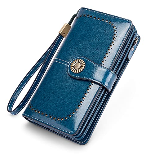 INSIFEEL Women's Wallets Large Capacity with RFID Protection Genuine Leather Wristlet Handbags (Blue)