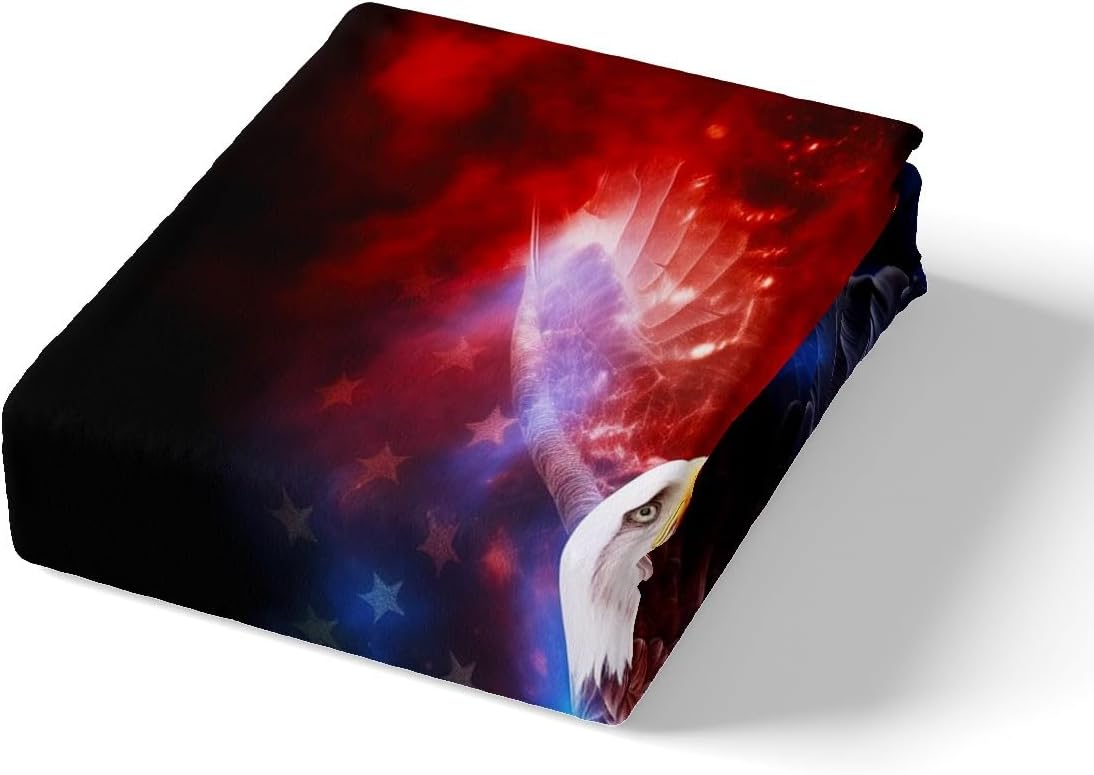 Bald Eagle Bed Sheet Set American Flag Fitted Sheet for Kids Boys Girls Teens Decor Flying Bird Wildlife Animal Bedding Set Blue White Stars Red Black Bed Cover No Flat Sheet 3Pcs Full Size
