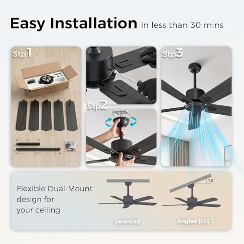Image of Obabala 52 Inch Ceiling Fan No Light, Modern Black Ceiling Fan Without Light with Remote & APP, Quiet Reversible DC Motor, 6-Speeds, for Living Room, Bedroom, Patio