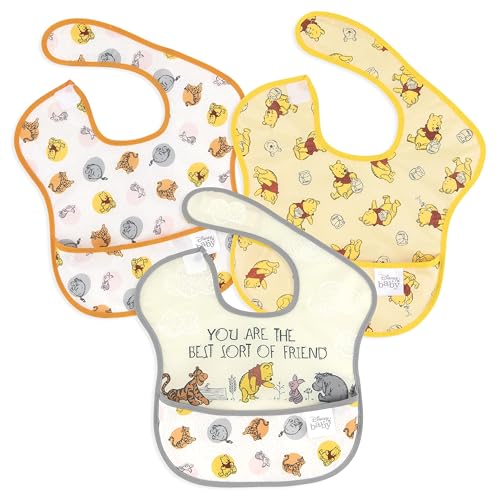 Image of Bumkins Disney Bibs for Girl or Boy, SuperBib Baby and Toddler 6-24 Months, Essential Must Have for Eating, Feeding, Baby Led Weaning, Mess Saving Waterproof Soft Fabric, 3-pk Pooh Bear and Friends