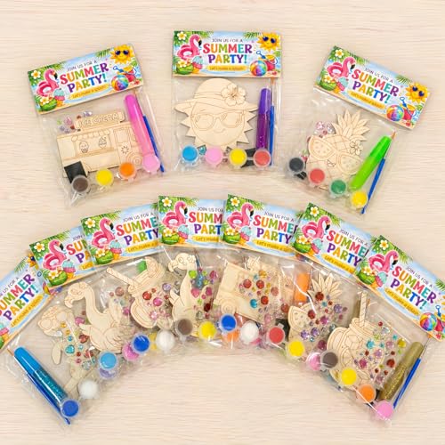 GEECOZYLIFE 12 Pack Summer Crafts - Wooden Painting Kits with Magnets, Hawaiian Luau Party Favors, Beach Theme DIY Craft Activities, Classroom Events & Goodie Bag Fillers by GEECOZYLIFE - Used condition - US$10.53