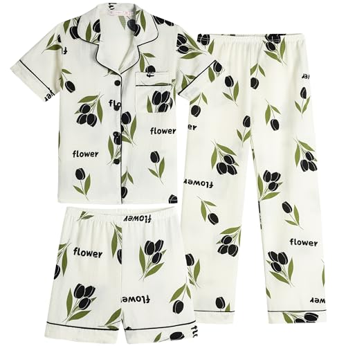 Vopmocld Girls Crepe Button Down Pajama Sets - 3pcs Short Sleeve Long Pants With Shorts Sleepwear Soft Crepe Nighty For Teens, Black Flowers, 12