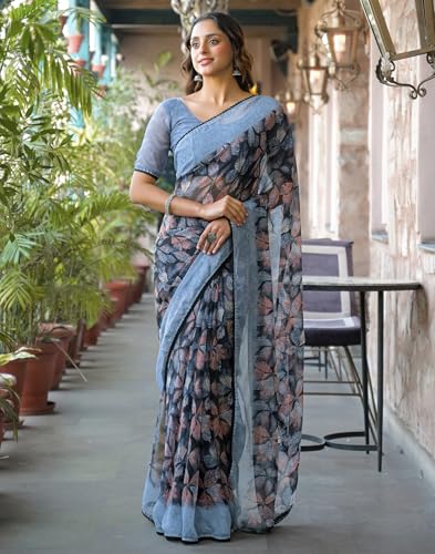 Image of SIRIL Women's Chiffon Printed Saree with Unstitched Blouse Piece