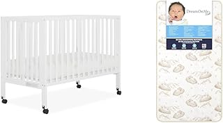 Dream On Me Quinn Full-Size Folding Crib in White, Removeable Wheels & Foam 2-in-1 Breathable Twilight 5" Spring Coil Crib and Toddler Bed Mattress Firm